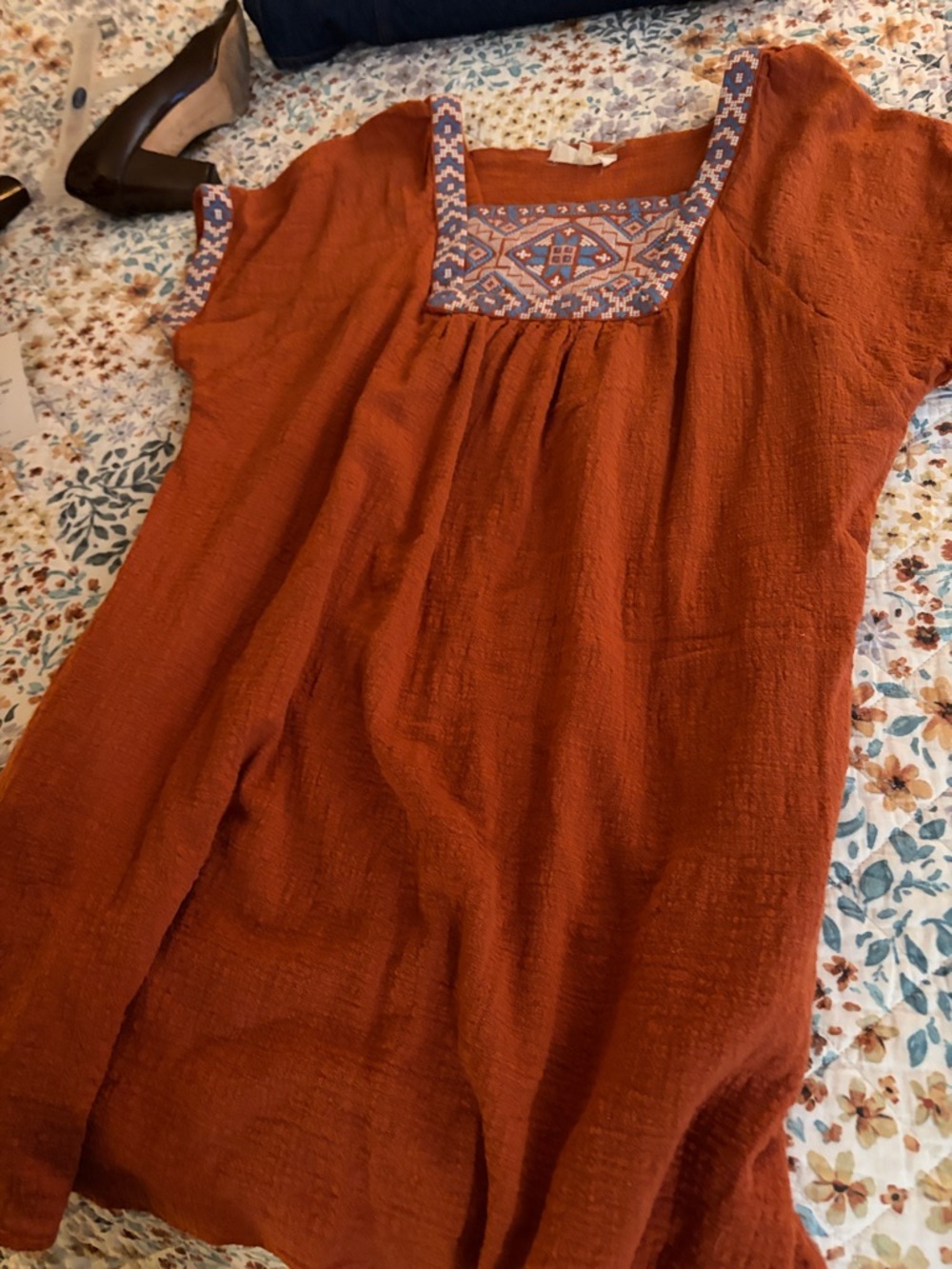 Embroidered Square-Neck Rust Cotton Dress